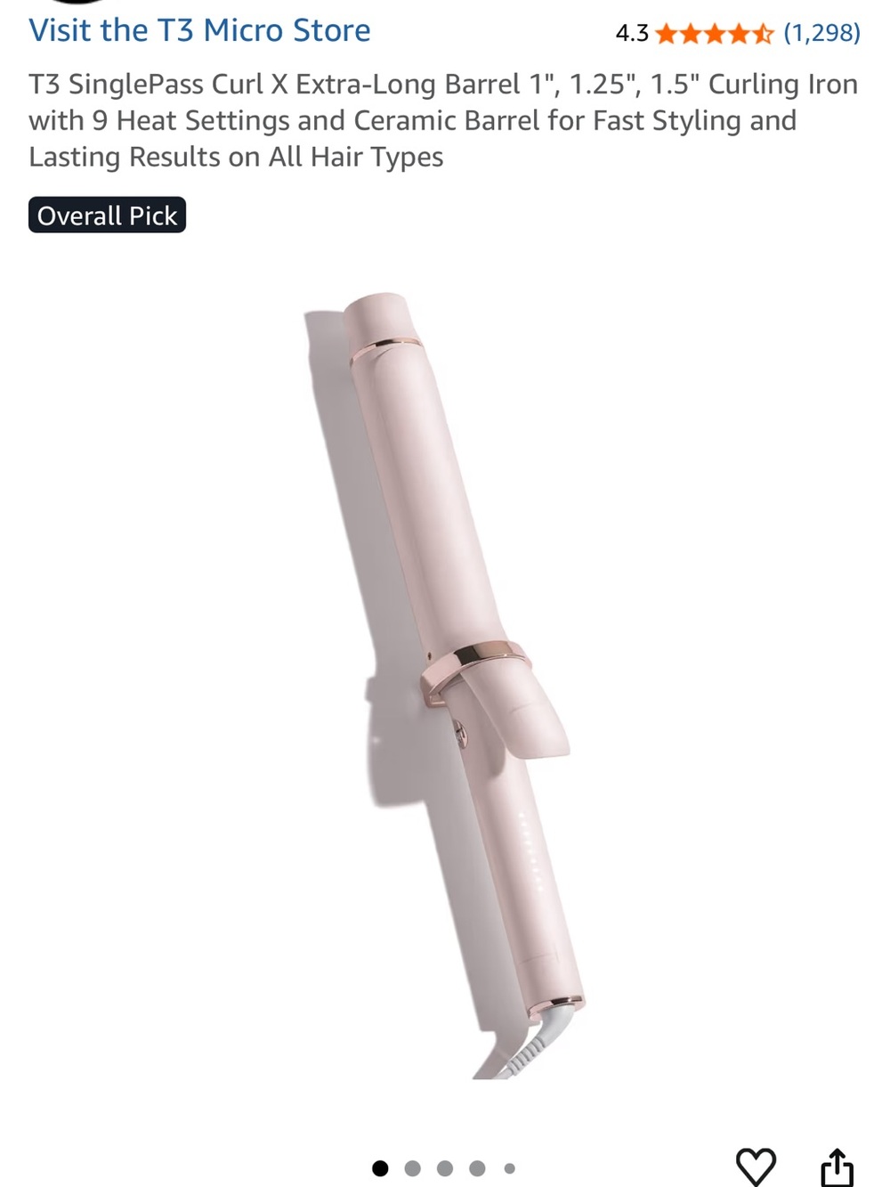 T3 Extra-Long Barrel Curling Iron in Light Pink with Rose Gold Accents